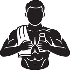 Silhouette of muscular man holding water bottle and towel after workout on a gray background