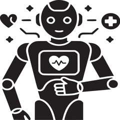 Illustration of a medical robot with heart rate monitor and health symbols on a light gray background