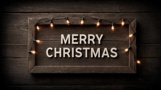 Christmas poster with bright string lights framing greeting text on rustic wooden background