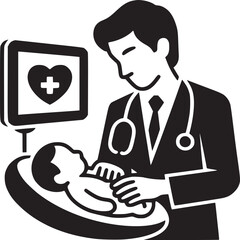 Doctor examining newborn baby with heart monitor in black and white minimalist vector illustration