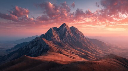 Naklejka premium Aerial view of mountain peaks glowing under a vibrant sunset sky with scattered clouds