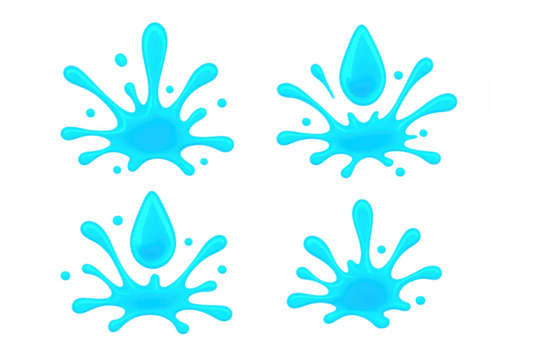 Cartoon-style light blue water splashes, varying with and without droplets, positioned on transparent background