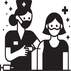 Nurse administering vaccine to patient in black and white illustration style with medical personnel