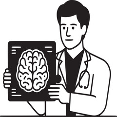 Doctor holding brain x ray illustration in black and white minimalist style with stethoscope and lab coat
