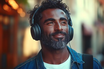 Man Listening to Music on Headphones in Urban Setting
