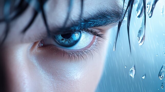 Emo man with dark eyeliner and nose ring looking through city window on rainy day