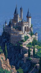 Medieval Fantasy Castle with Towers in Scenic Mountain Landscape