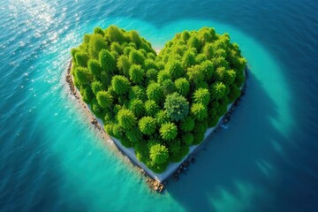 Heart-shaped island, lush vegetation, turquoise water, peaceful, aerial photography, summer