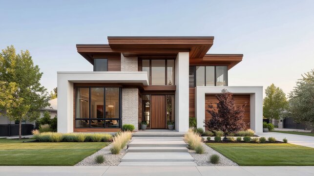 Modern home exterior with large windows, clean lines, and manicured lawn under a clear blue sky