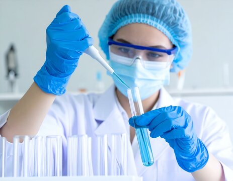 Female scientist in protective gear precisely pipetting a blue liquid into a test tube during a laboratory experiment, symbolizing research and innovation.