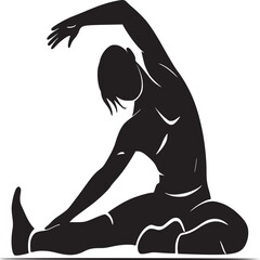 Silhouette of a person stretching with arm raised overhead while seated in a yoga position on the floor
