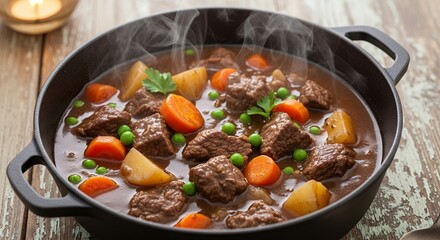 Steaming Beef Stew with Vegetables in a Rustic Cast Iron Pot