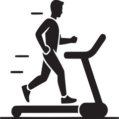Black silhouette of a man running on a treadmill with motion lines on a light gray background image