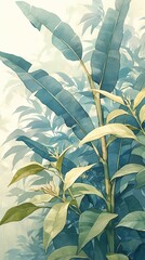 A tropical plant wallpaper featuring lush green foliage in a delicate watercolor style, paired with a soft pastel background and high resolution.