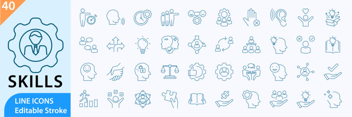 Soft skills icon set. Containing communication, empathy and more. Line icons vector collection. Editable Stroke.
