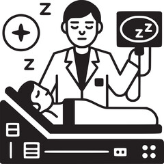 Doctor monitoring sleeping patient with zzz symbols in a hospital bed in black and white illustration