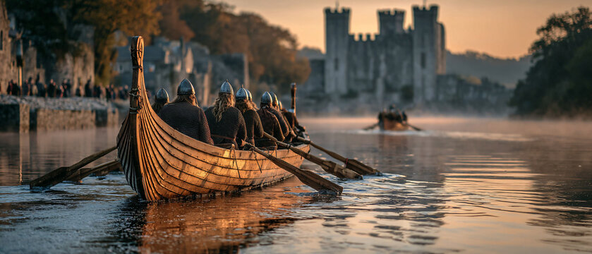 Viking-themed boat on the River Shannon during Athlone River Festival, rowers in full Viking gear with horned helmets and wooden shields - Powered by Adobe
