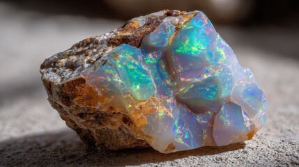 Raw Opal Gemstone Macro Photography: Iridescent Hues in Earth's Natural Beauty