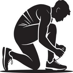 Silhouette of a man kneeling and tying his shoelaces on a white background in a simple illustration