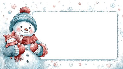 A cheerful snowman in a blue hat and red scarf holds a small snow-person while standing beside a large blank rectangle against a snowy winter scene with falling snowflakes and candy