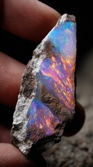 Colorful Hand-Held Opal Gemstone: Iridescent Precious Mineral with Stunning Reflections