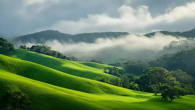 Lush Green Hills with Rolling Clouds &ndash; Aerial Nature Landscape