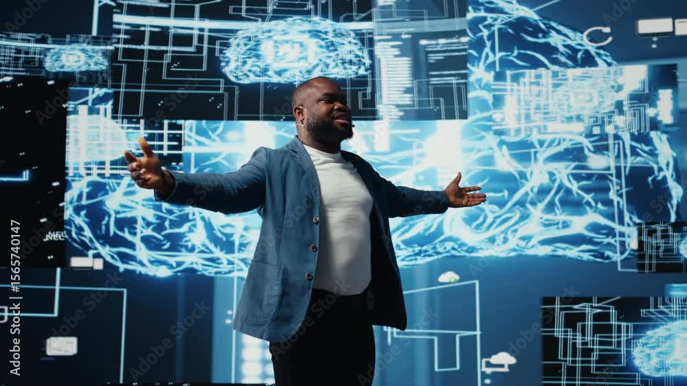 Poster black it technician hosting a live presentation for artificial intelligence systems, offering insigh
