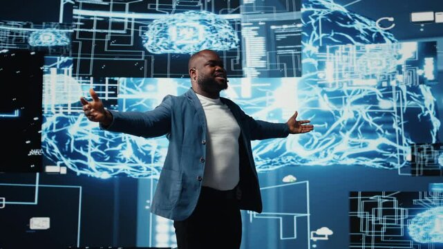 Black IT technician hosting a live presentation for artificial intelligence systems, offering insight on predictive analytics and automation. Male public speaker at AI convention. Camera A.