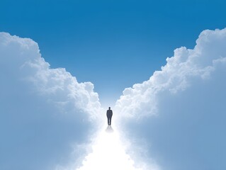 A solitary figure embarks on a journey through an ethereal pathway, surrounded by billowing clouds and a vast sky, evoking a sense of ambition and hope.