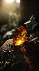 Amber Gemstone Macro in Sunlit Forest: Nature's Golden Beauty