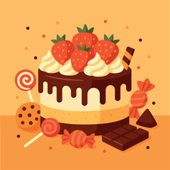 Cake with chocolate strawberries and candy