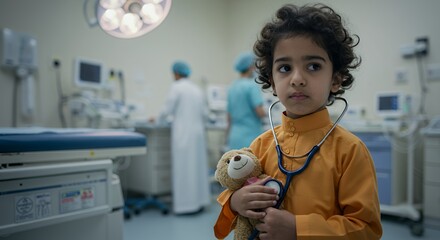 Young boy in a hospital setting, clutching a teddy bear and a stethoscope, dreams of becoming a doctor.