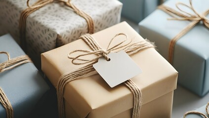 High-resolution image of beige gift box with twine and tag, surrounded by other neatly wrapped gifts in cool tones, creating a calm and elegant look.

