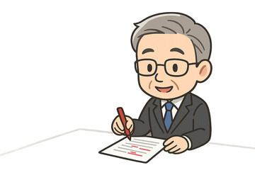 赤ペンで添削しながら助言する男性ベテラン社員のミニキャライラスト