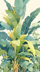 A tropical plant wallpaper featuring lush green foliage in a delicate watercolor style, paired with a soft pastel background and high resolution.
