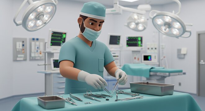 Cartoon surgeon meticulously prepares surgical instruments on a sterile operating table in a modern hospital operating room.