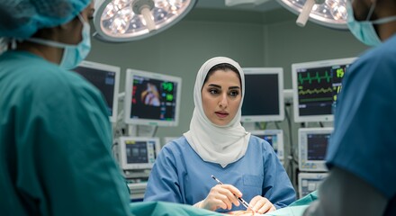 Focused surgeon in hijab performs delicate procedure in modern operating room, assisted by colleagues.
