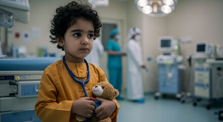 Young child in a hospital setting, clutching a teddy bear, dressed in an orange robe, wearing a stethoscope, a poignant image of innocence and hope.