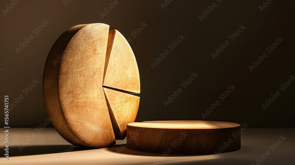Poster wooden pie chart with segments highlighted, showcasing growth in warm light. texture and shadows cre