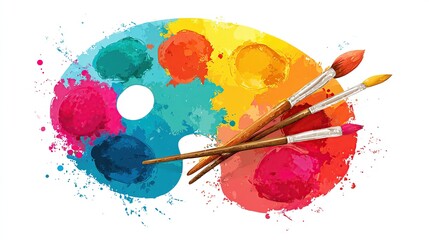 Colorful artist's palette with paint splatters and paintbrushes