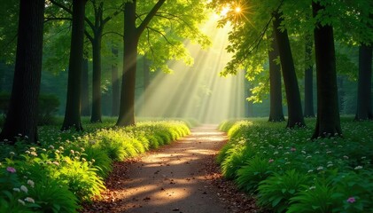Fototapeta premium Sun-dappled path winds through a lush park forest, dappled sunlight filtering through leaves, creating a magical atmosphere Tranquil scene perfect for relaxation and escape , wild, calm