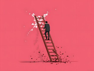 An individual ascending a precarious ladder, symbolizing personal growth and overcoming obstacles against a vibrant background.