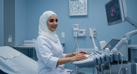 A smiling female doctor in a hijab skillfully operates advanced medical imaging equipment, showcasing expertise and modern healthcare.