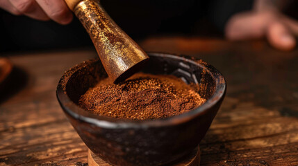 Barista carefully tampering espresso grounds with precision in rustic setting, showcasing art of coffee preparation and rich texture of coffee grounds