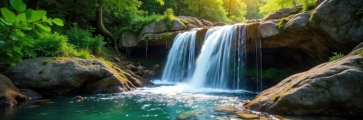 Fototapeta premium Serene summer waterfall cascading over mossy rocks, sunlight dappling the water's surface Perfect for travel, nature, and relaxation themes , forest, cool, idyllic