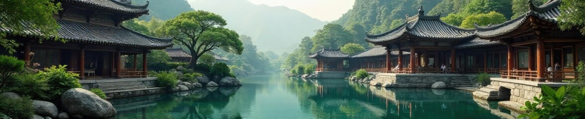 Fototapeta premium Serene scene at a Far Eastern temple, featuring intricate architecture, calming water features, and lush gardens, embodying peace and spirituality , trees, sky, rocks