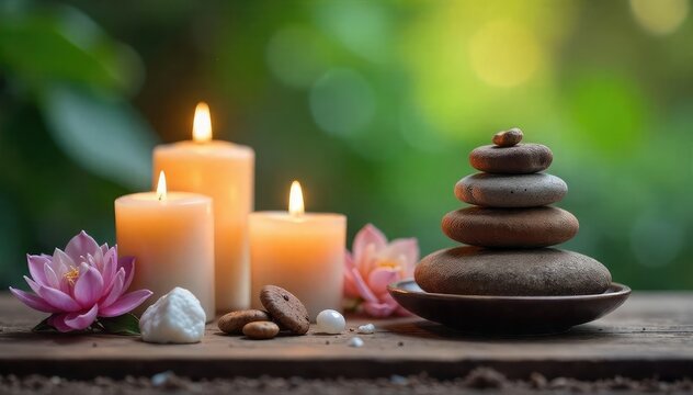 Serene scene of homeopathic remedies alongside meditation tools; candles, crystals, and calming nature imagery Peaceful atmosphere for holistic well-being , harmony, spiritual healing, tranquil