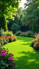 Obraz premium Serene garden landscape featuring meticulously manicured lawns, vibrant flowerbeds, and lush greenery, creating a peaceful and aesthetically pleasing outdoor scene , water, wildlife