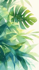 A tropical plant wallpaper featuring lush green foliage in a delicate watercolor style, paired with a soft pastel background and high resolution.