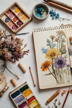 Watercolor painting set on a wooden table with blank paper and vintage decorations